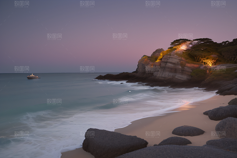 浪漫夜晚的海岸风光
