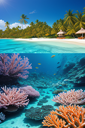 珊瑚海与阳光沐浴马尔代夫热带天堂