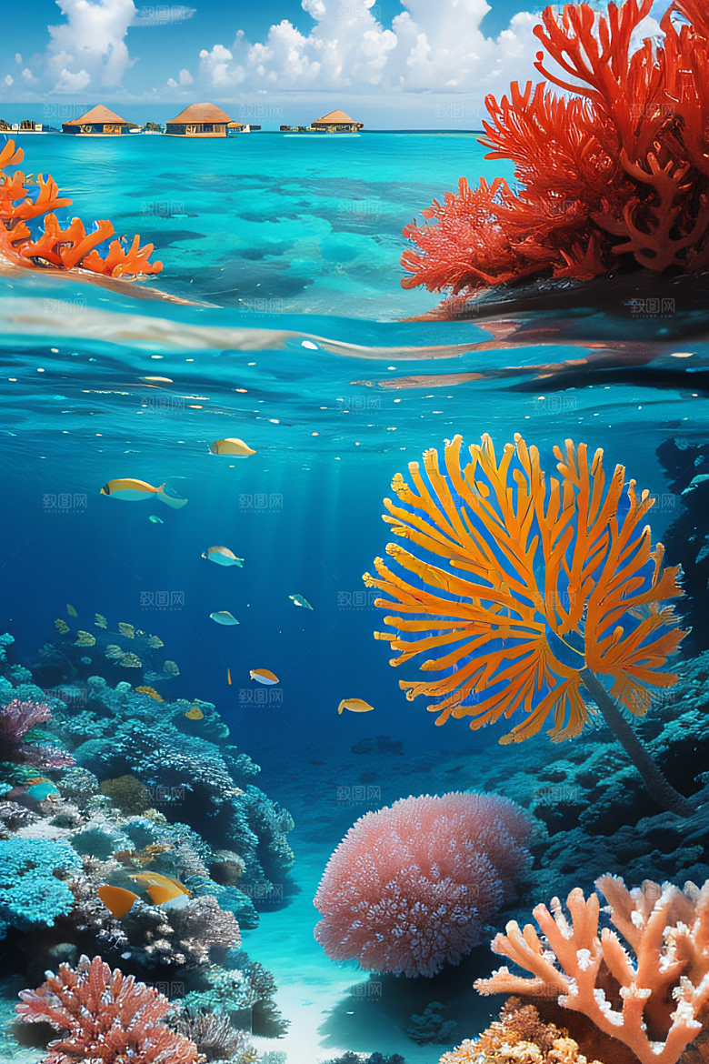 珊瑚海与阳光沐浴马尔代夫热带天堂