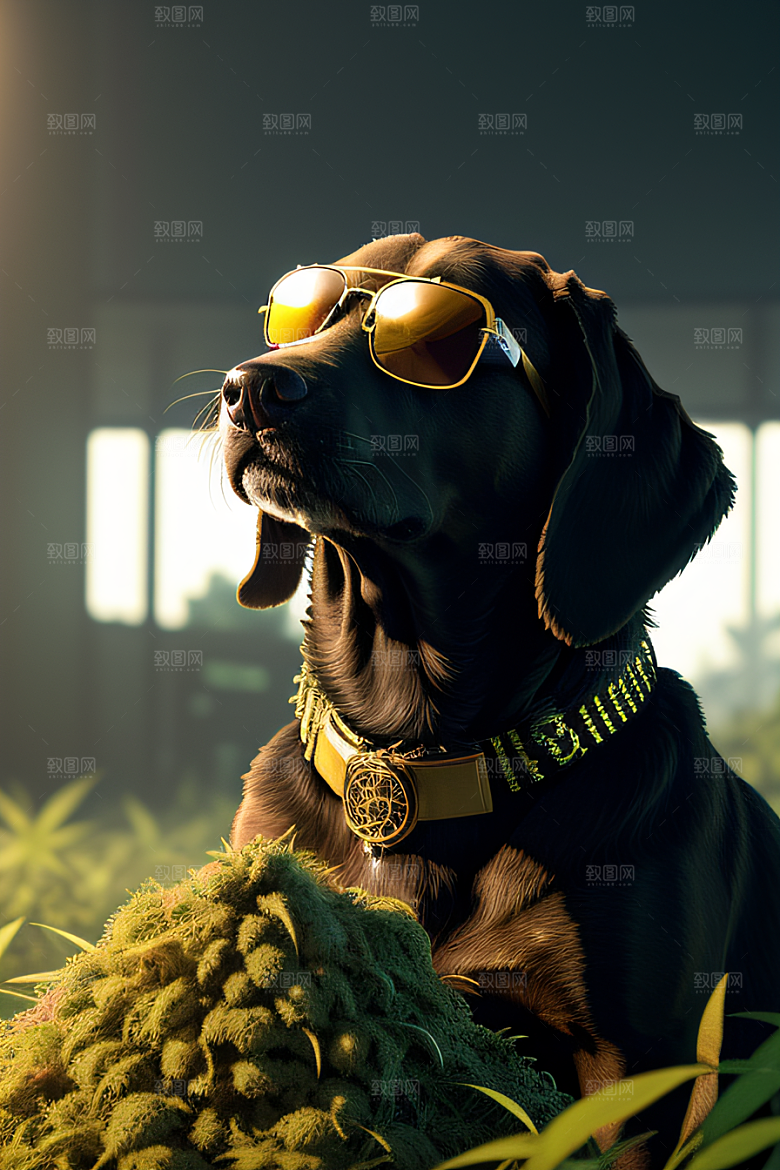 狗狗草堆中徜徉太阳镜护目细节精美