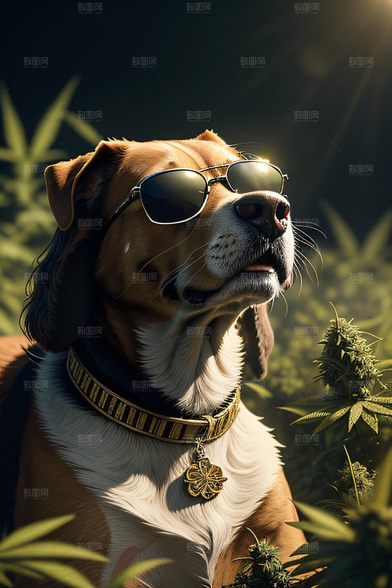 狗狗草堆中徜徉太阳镜护目细节精美