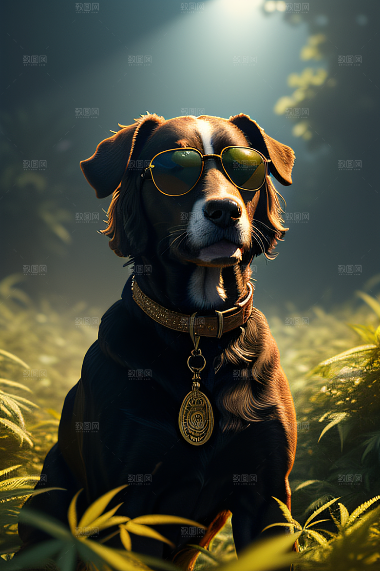 狗狗草堆中徜徉太阳镜护目细节精美