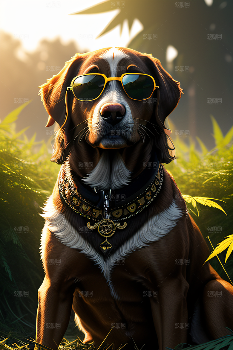 狗狗深情草堆中太阳镜护眼细节呈现