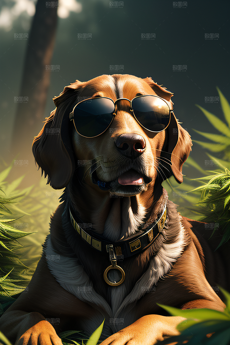 狗狗深情草堆中太阳镜护眼细节呈现