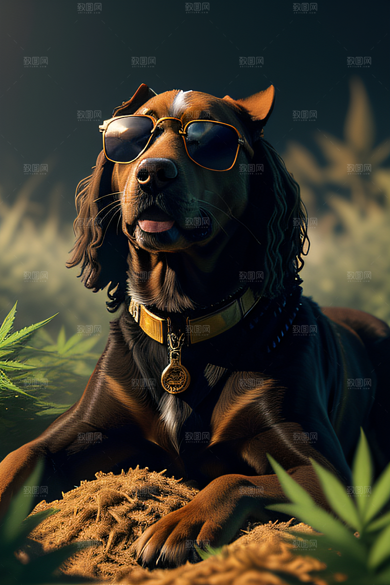 狗狗深情草堆中太阳镜护眼细节呈现