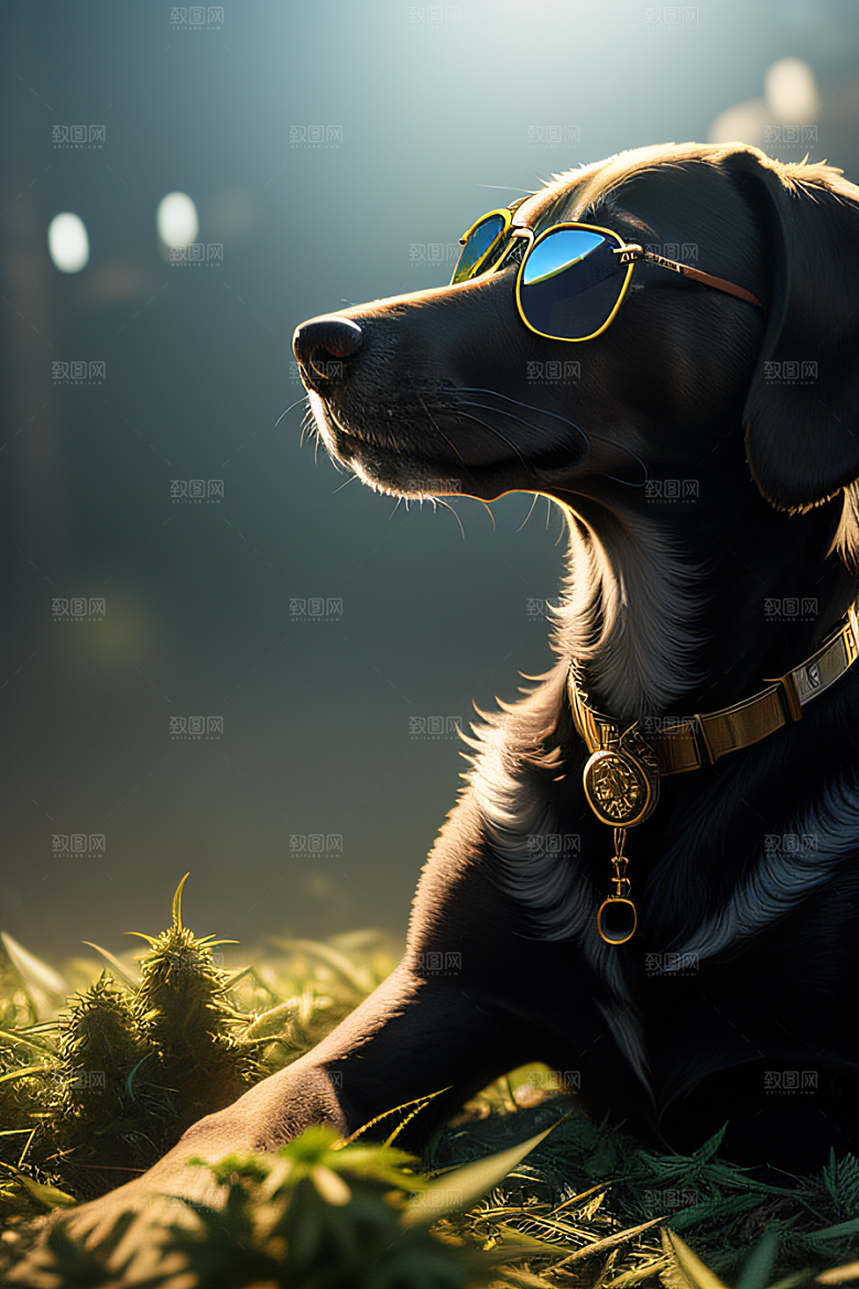 狗狗深情草堆中太阳镜护眼细节呈现