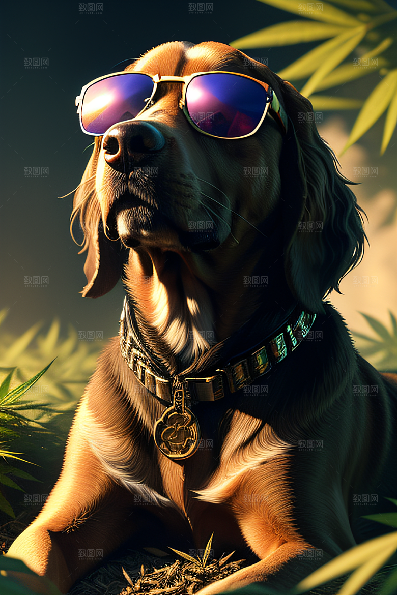 草堆里的狗狗戴墨镜细节逼真