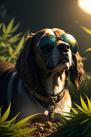 草堆里的狗狗戴墨镜细节逼真