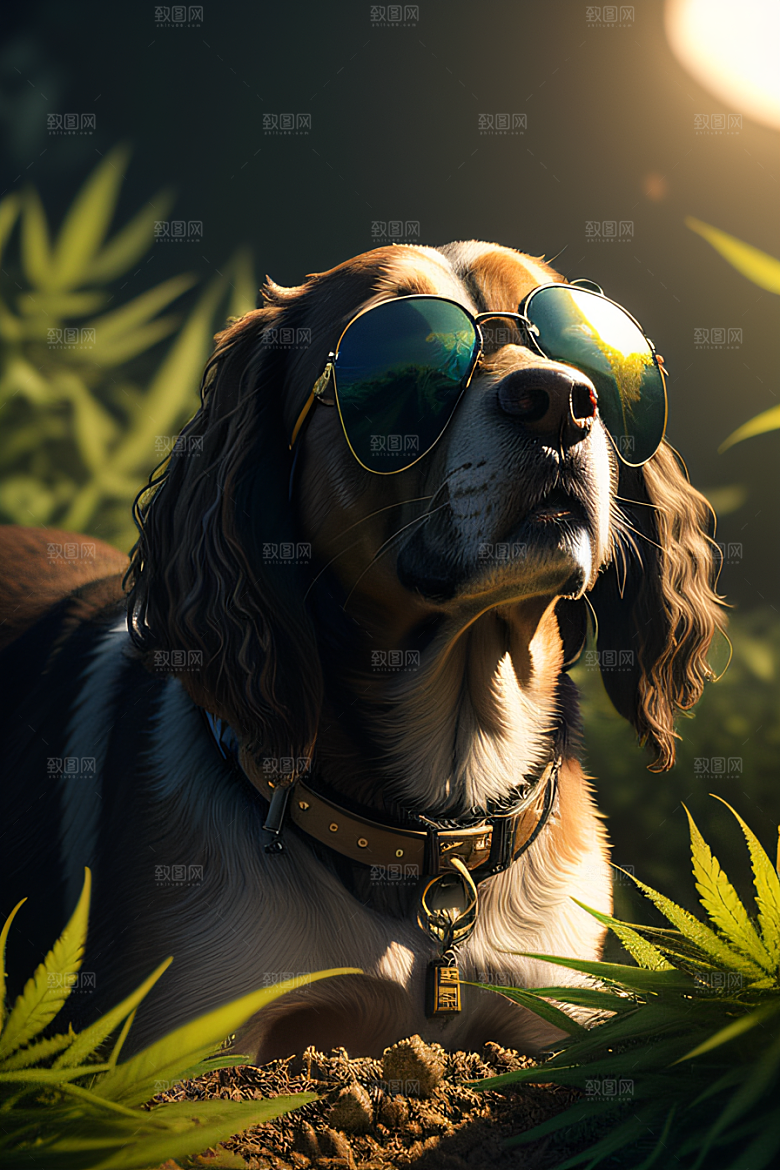 草堆里的狗狗戴墨镜细节逼真