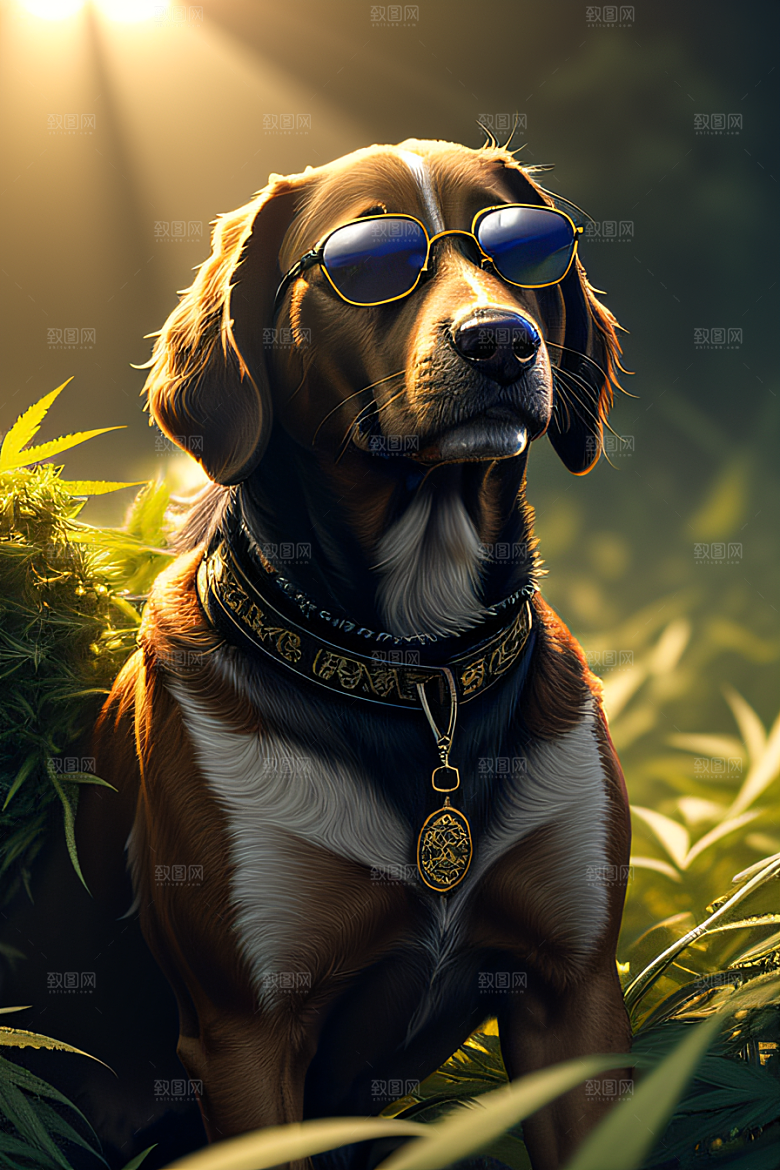 狗狗草堆中闲逛墨镜遮面细节丰富