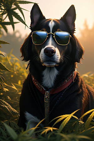 狗狗草堆迷失炫酷太阳镜细节逼真