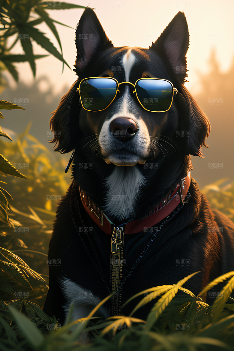 狗狗草堆迷失炫酷太阳镜细节逼真