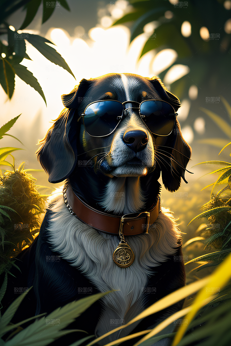 狗狗草堆迷失炫酷太阳镜细节逼真