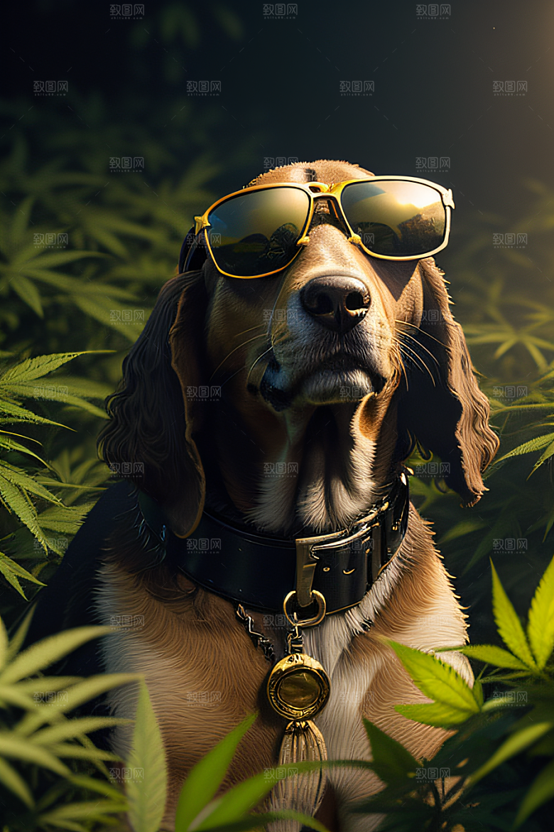 狗狗草堆迷失炫酷太阳镜细节逼真
