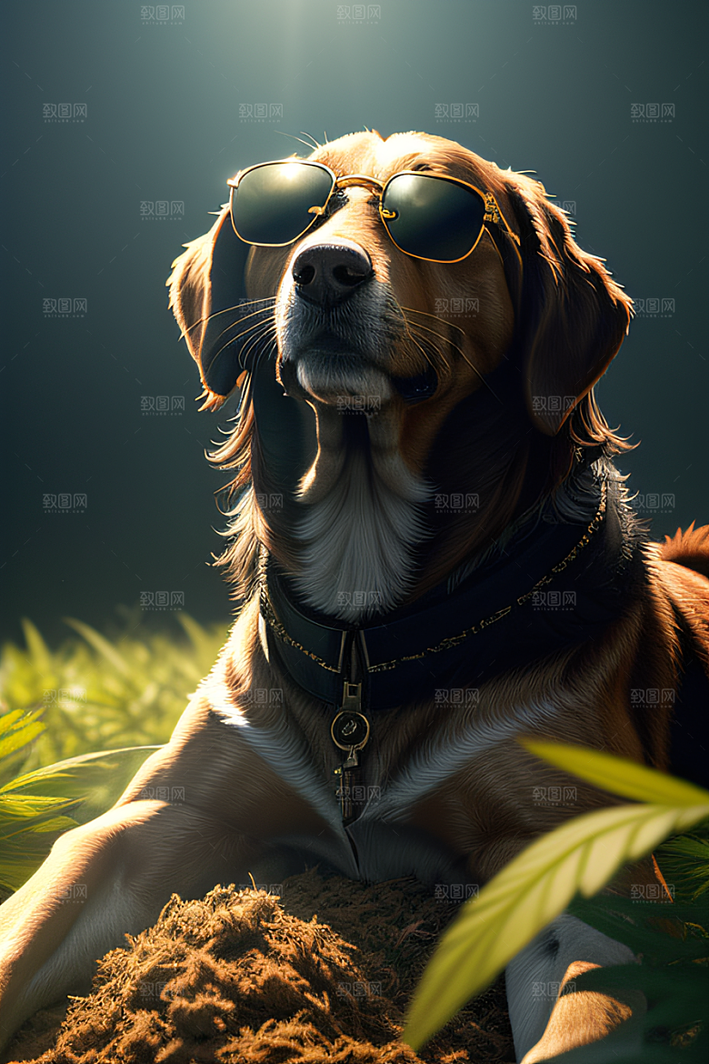 狗狗草堆迷失炫酷太阳镜细节逼真