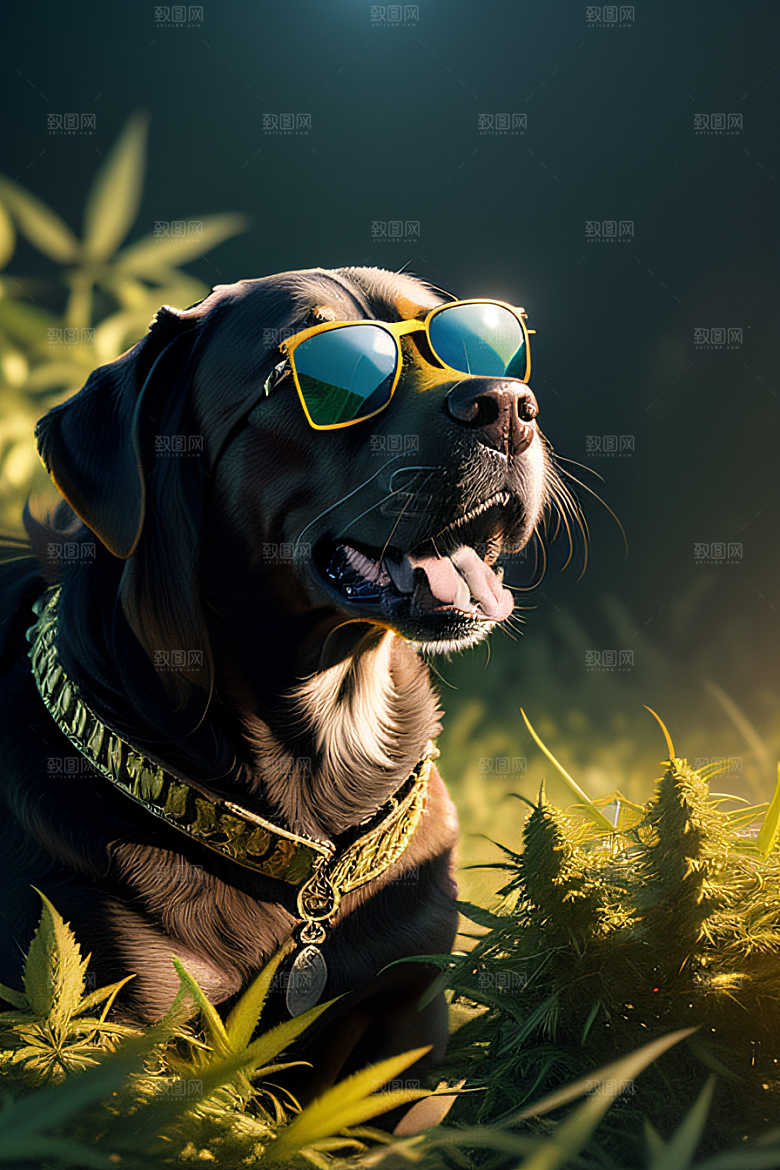 狗狗草堆迷失炫酷太阳镜细节逼真