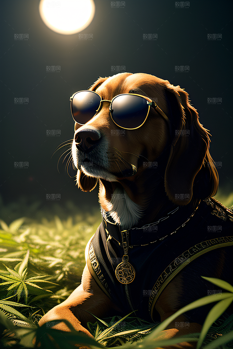 狗狗深情草堆中太阳镜护目细节呈现