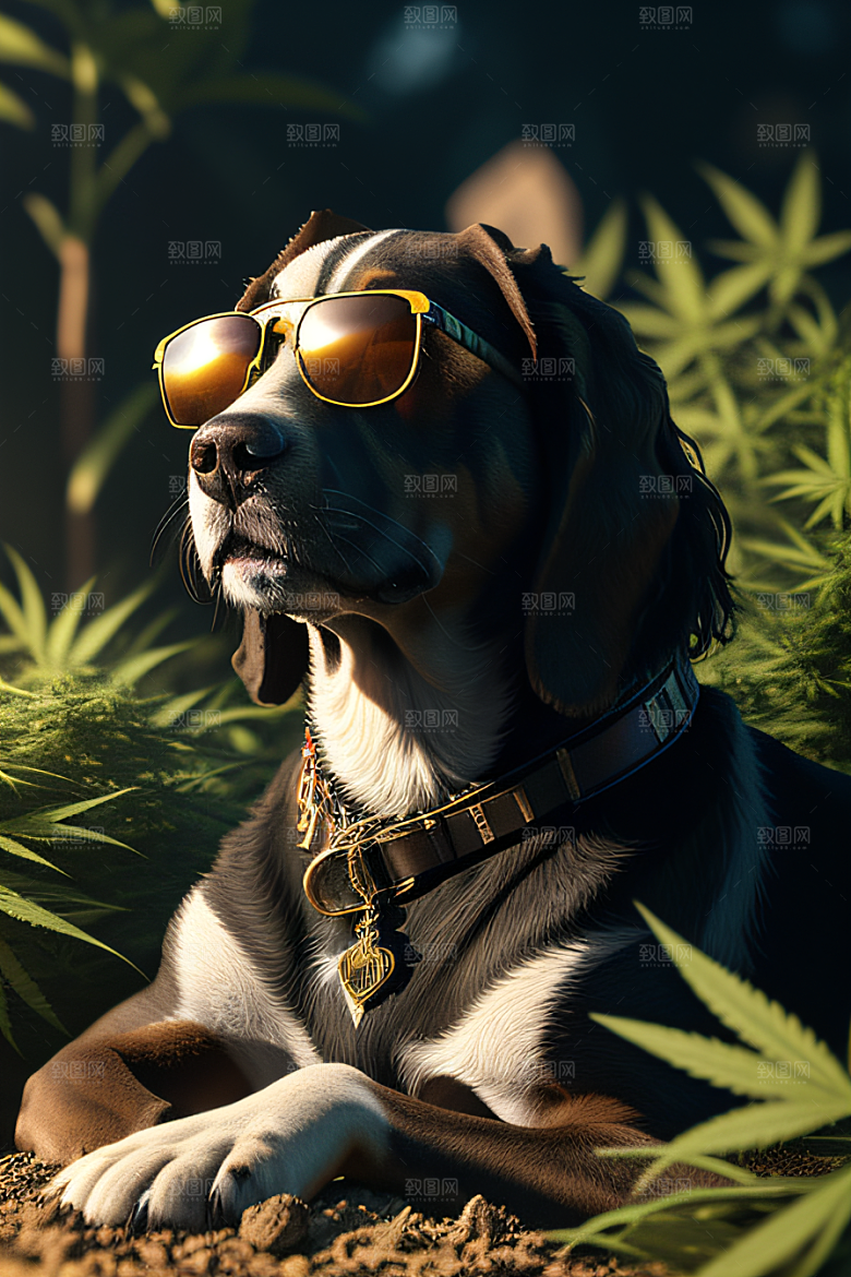 狗狗深情草堆中太阳镜护目细节呈现