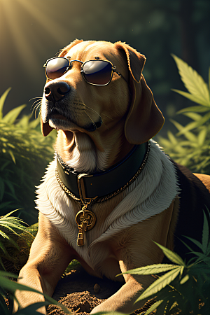 杂草中的狗狗太阳镜护眼细节逼真