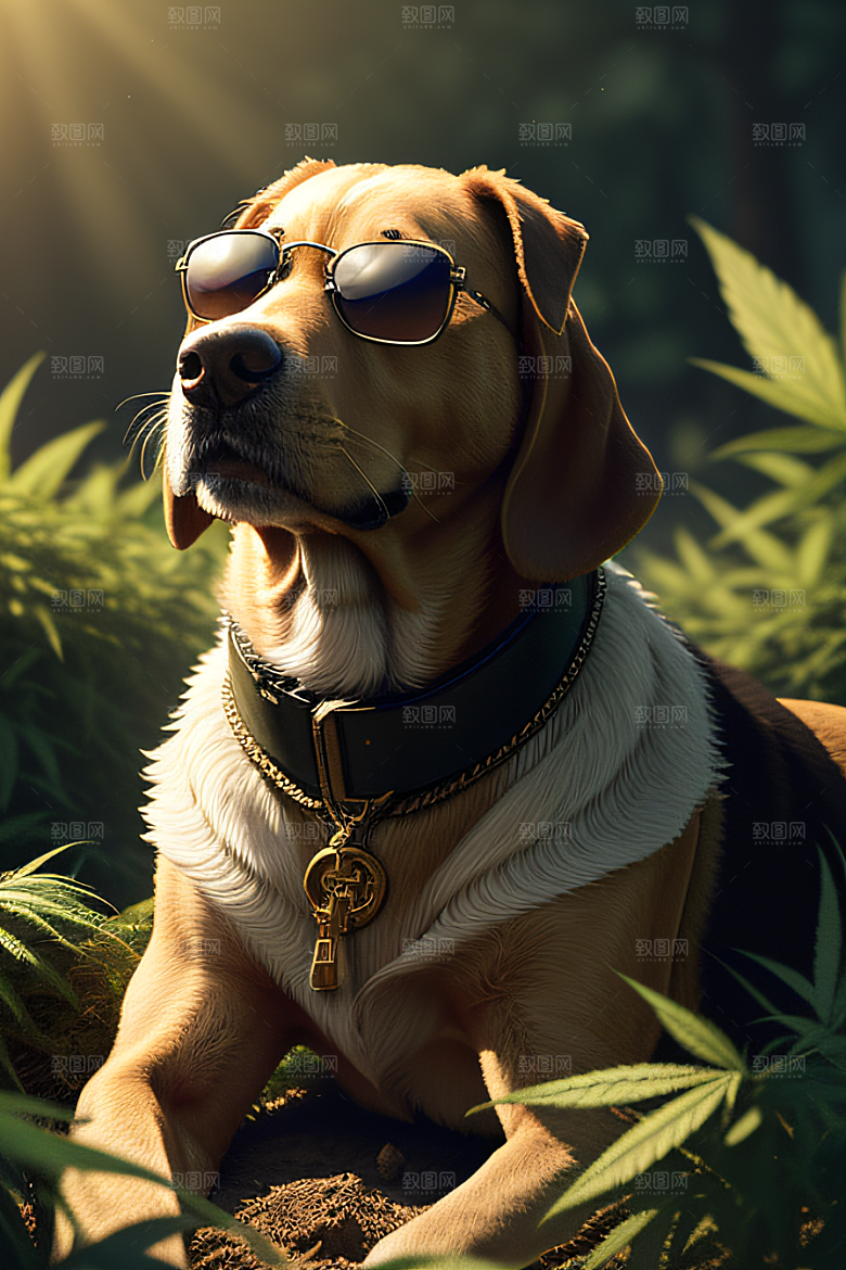 杂草中的狗狗太阳镜护眼细节逼真