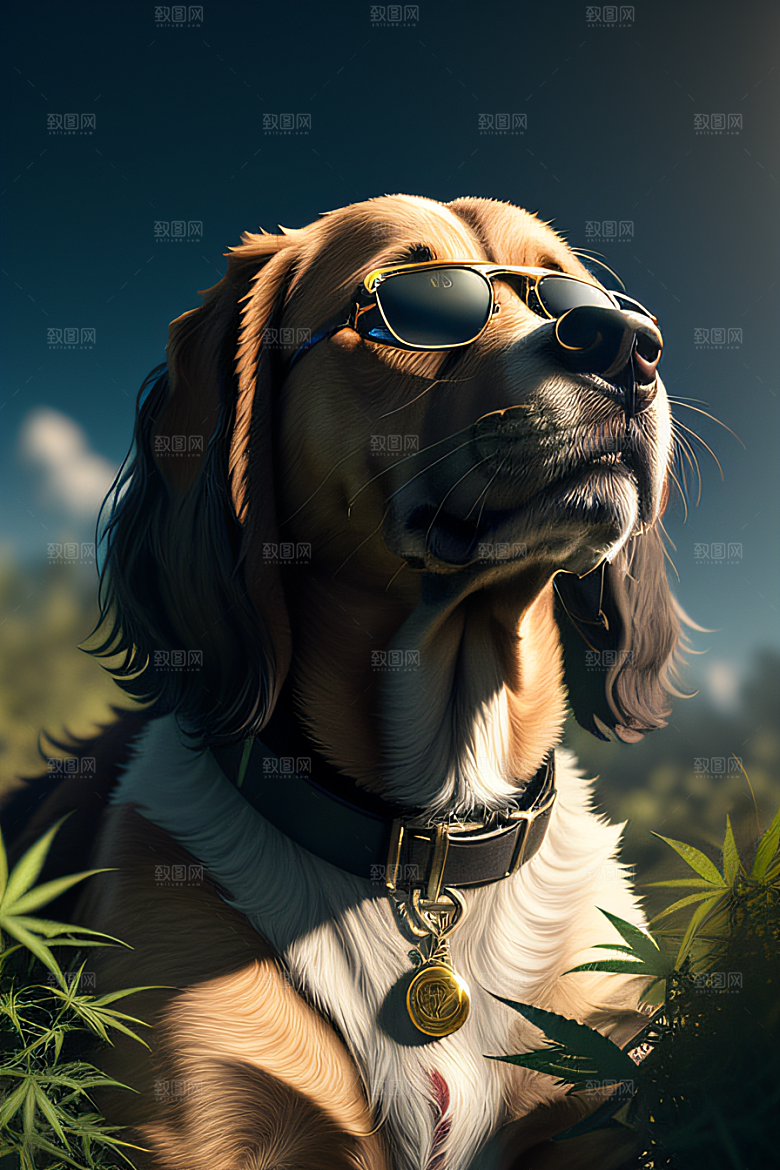 杂草中的狗狗太阳镜护眼细节逼真