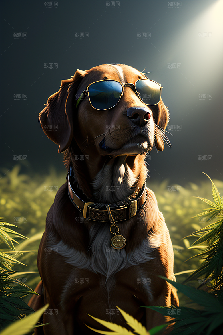 杂草中的狗狗太阳镜护眼细节逼真