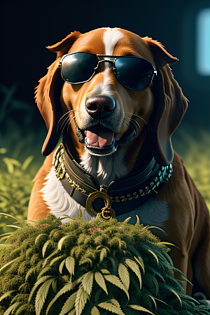 狗狗草堆中徜徉深色太阳镜细节精美