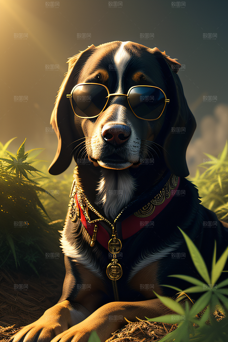 狗狗草堆中徜徉深色太阳镜细节精美