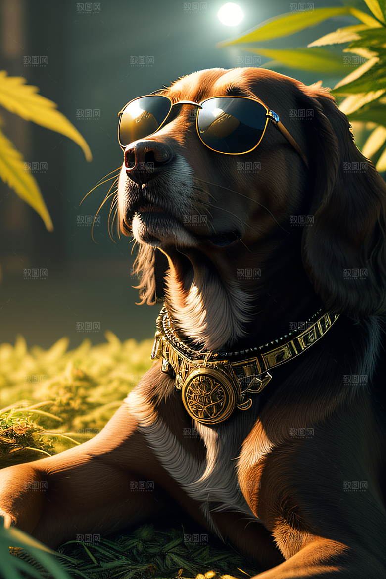 狗狗草堆中徜徉深色太阳镜细节精美