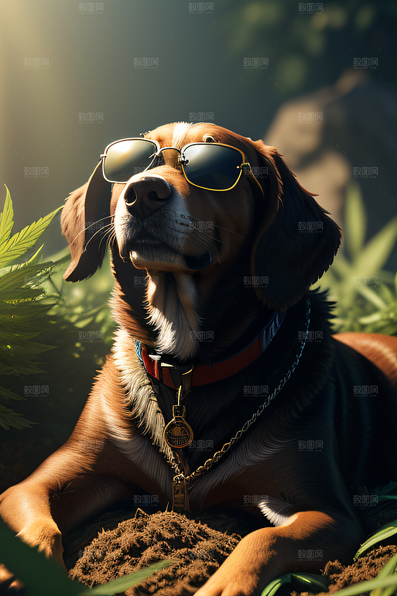 狗狗草堆中徜徉深色太阳镜细节精美