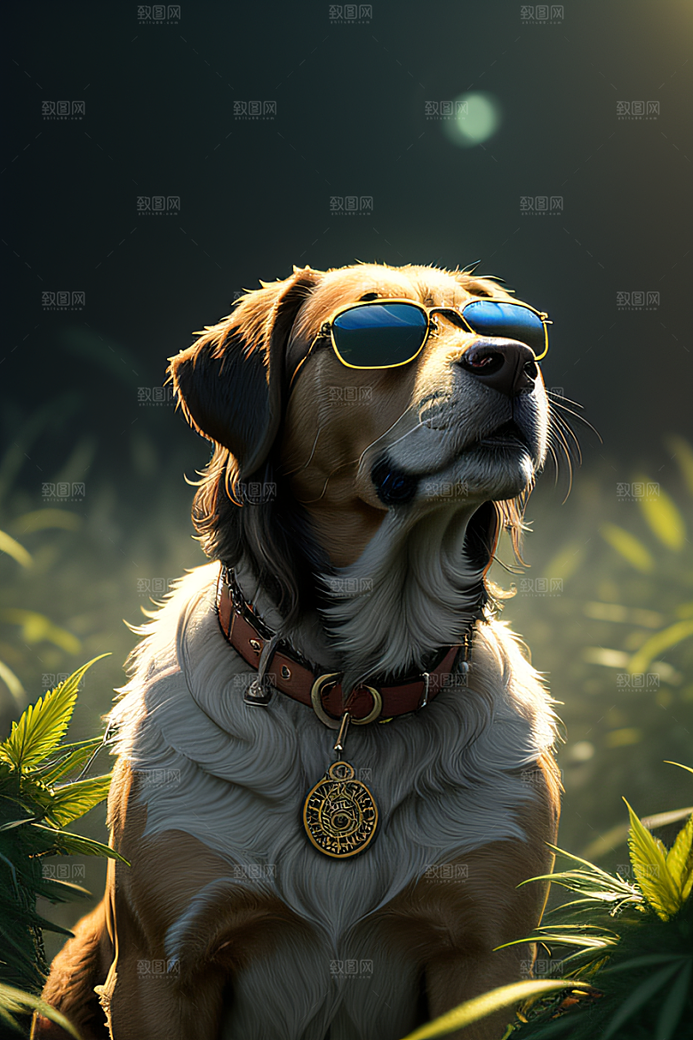 狗狗草堆中徜徉深色太阳镜细节精美
