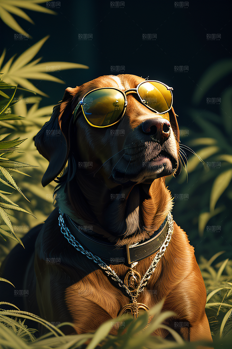 狗狗草堆中徜徉深色太阳镜细节精美