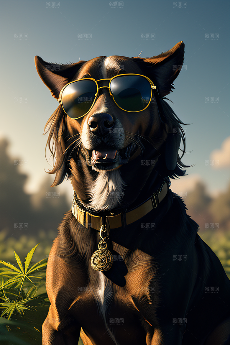狗狗草堆中徜徉深色太阳镜细节精美
