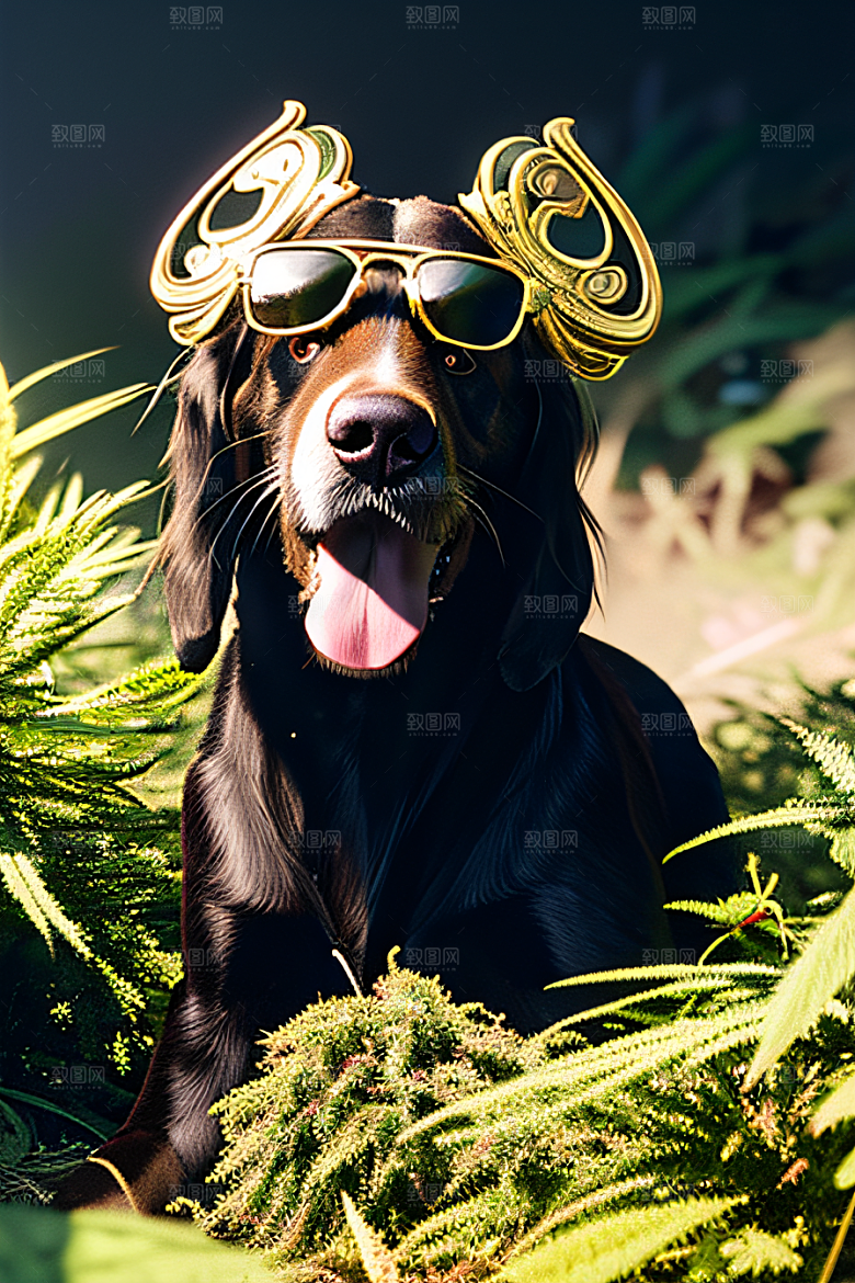 狗狗草堆中徜徉深色太阳镜细节精美