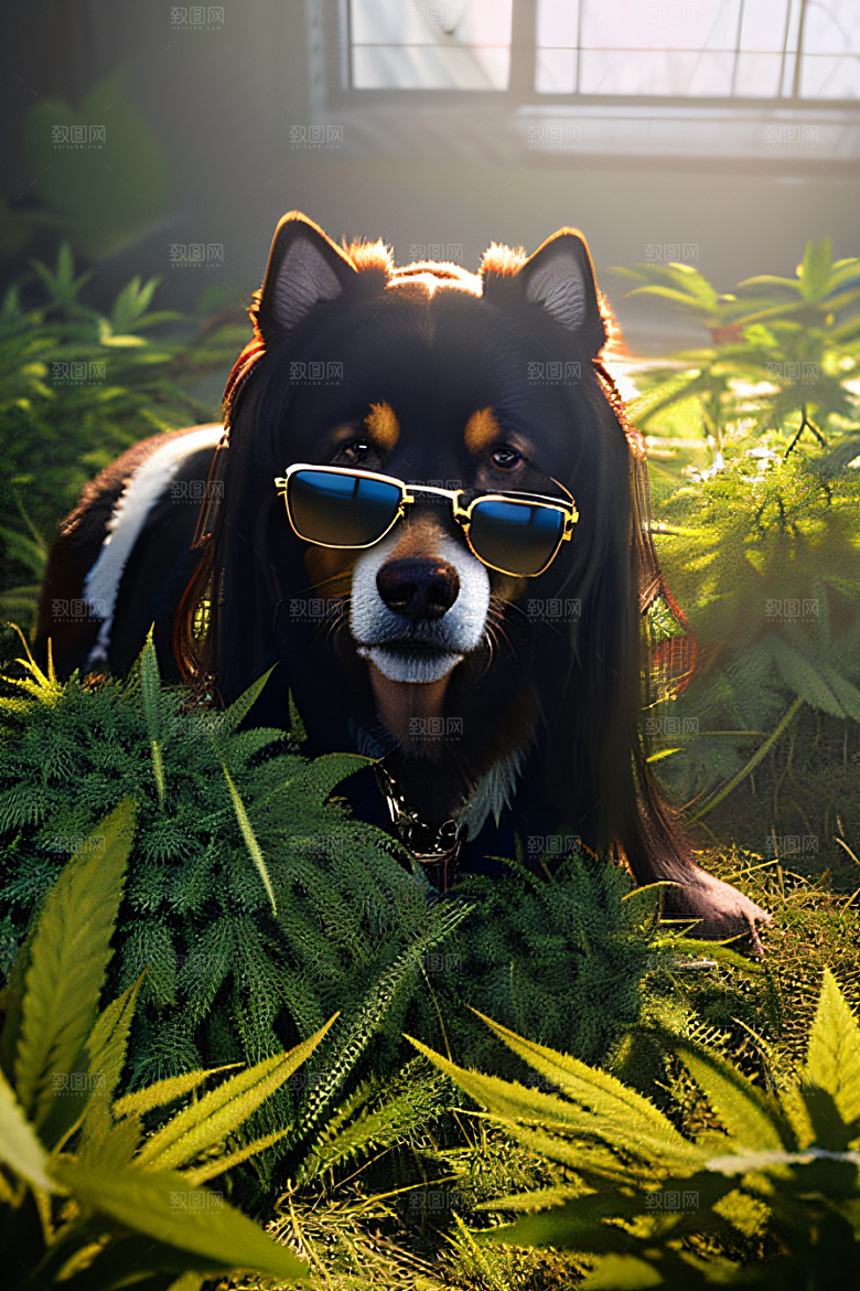 狗狗草堆中徜徉深色太阳镜细节精美
