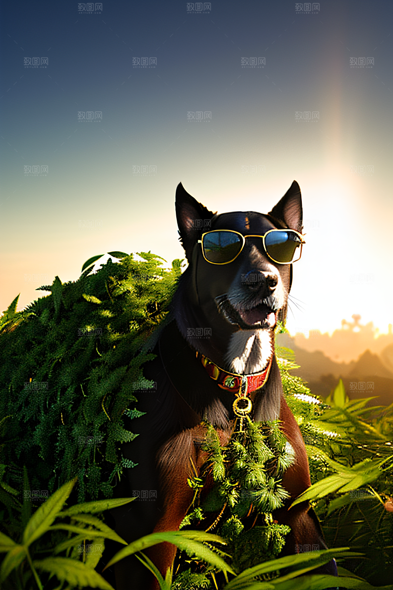狗狗深情草堆中墨镜遮面细节呈现
