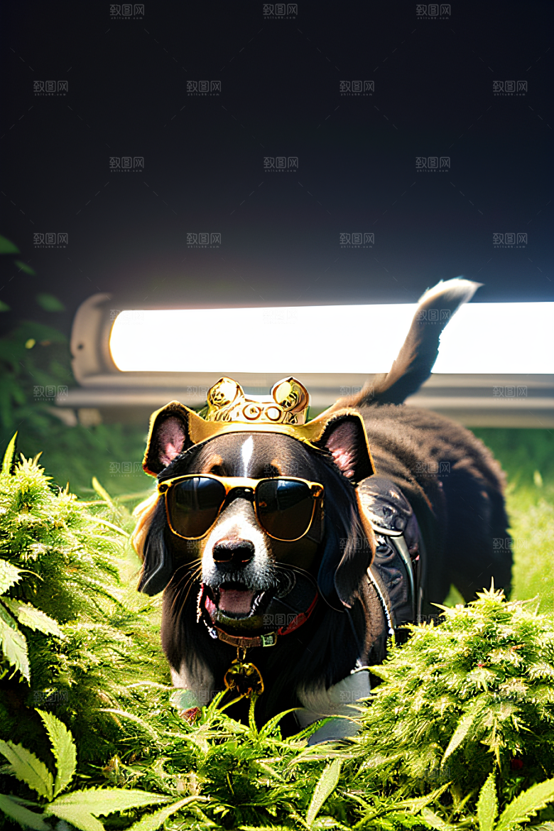 杂草中的狗狗深色太阳镜细节逼真