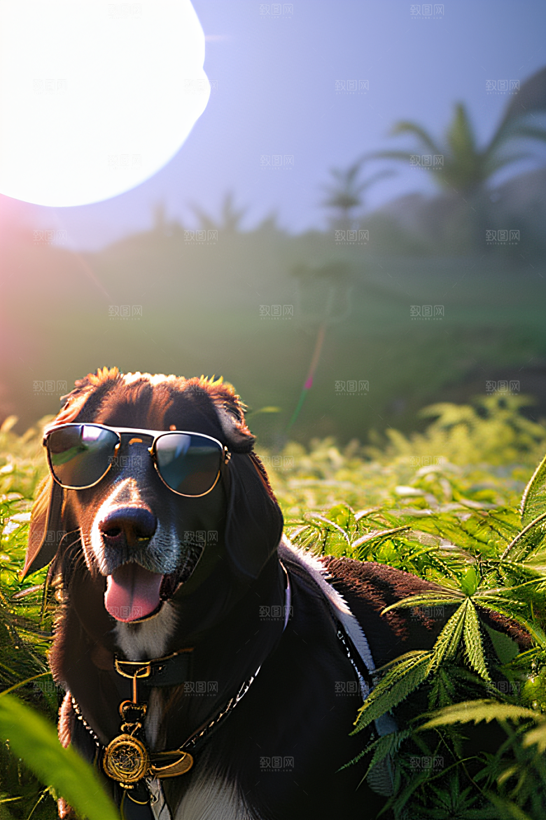 杂草中的狗狗深色太阳镜细节逼真