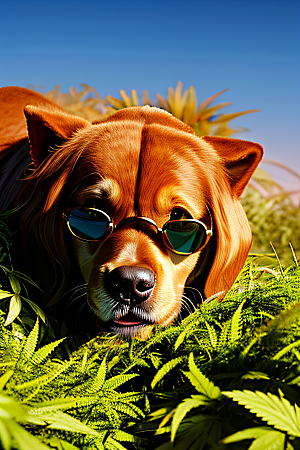 狗狗草堆中徜徉太阳镜护目细节精美
