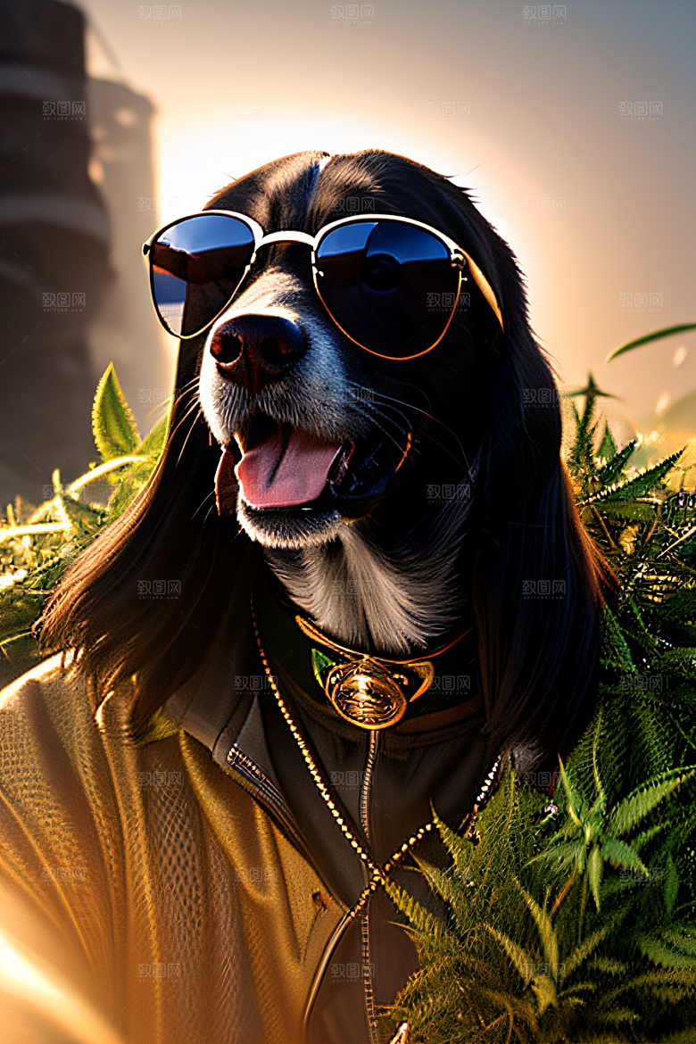 狗狗草堆中徜徉太阳镜护目细节精美