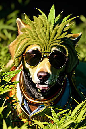 狗狗草堆中徜徉太阳镜护目细节精美