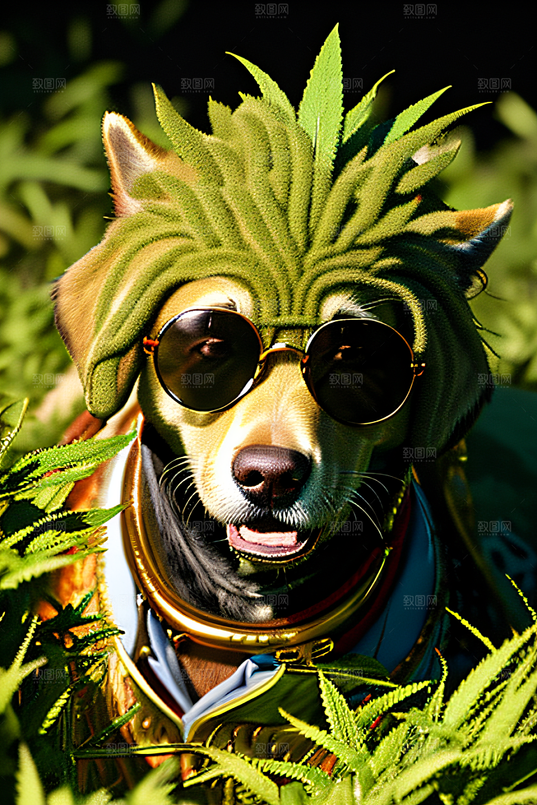 狗狗草堆中徜徉太阳镜护目细节精美