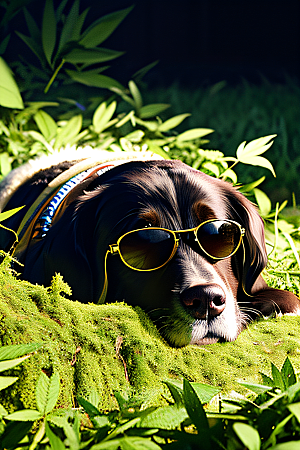 狗狗草堆中徜徉太阳镜护目细节精美