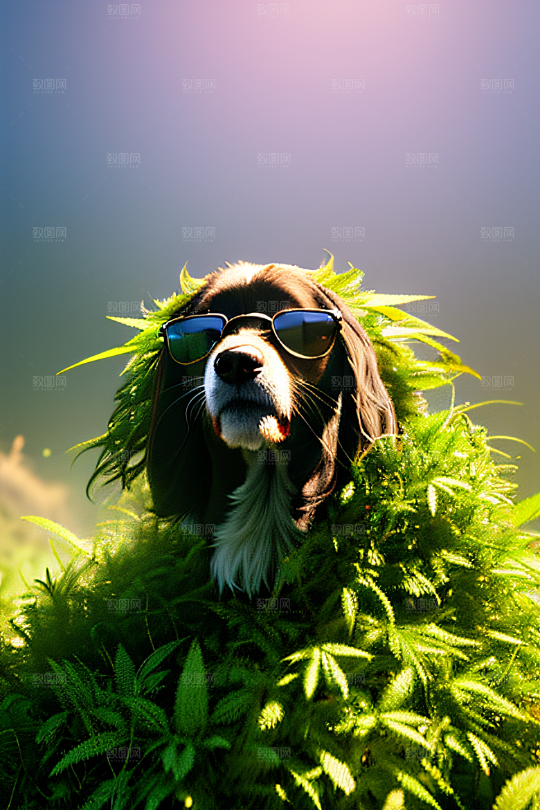 狗狗深情草堆中太阳镜护眼细节呈现