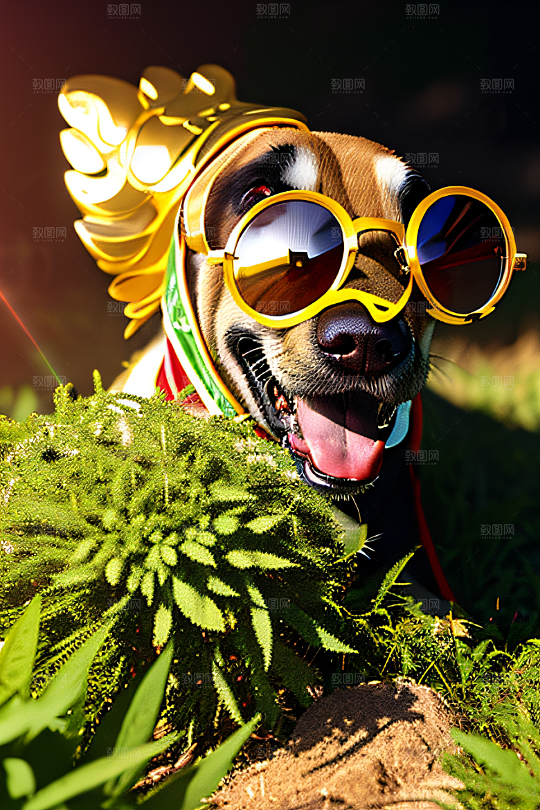狗狗深情草堆中太阳镜护眼细节呈现