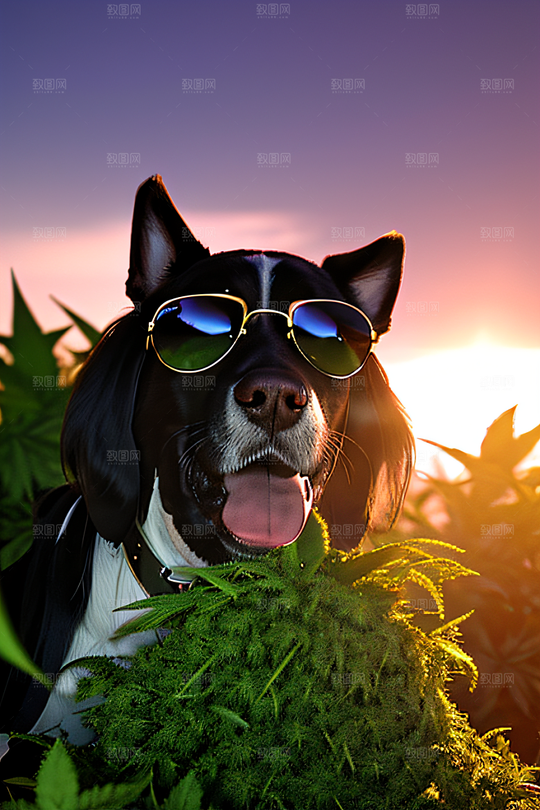 狗狗深情草堆中太阳镜护眼细节呈现