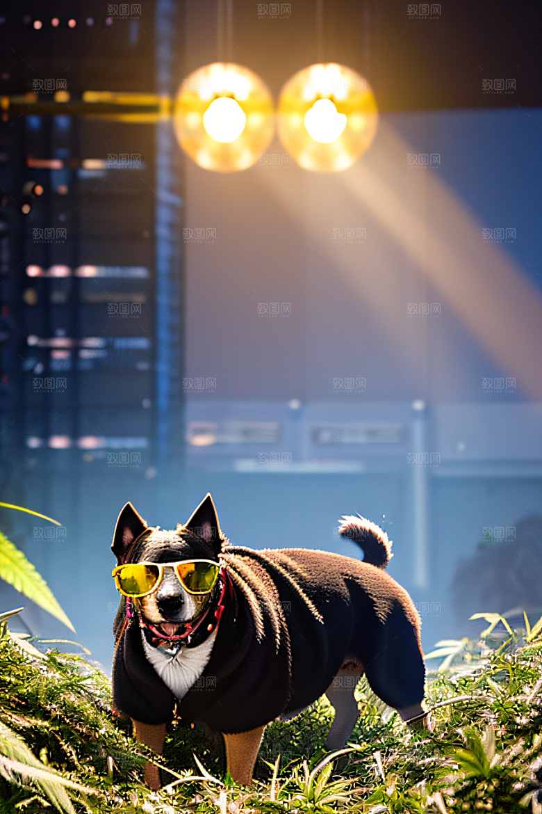 狗狗深情草堆中太阳镜护眼细节呈现