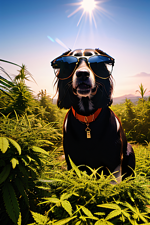 狗狗深情草堆中太阳镜护眼细节呈现
