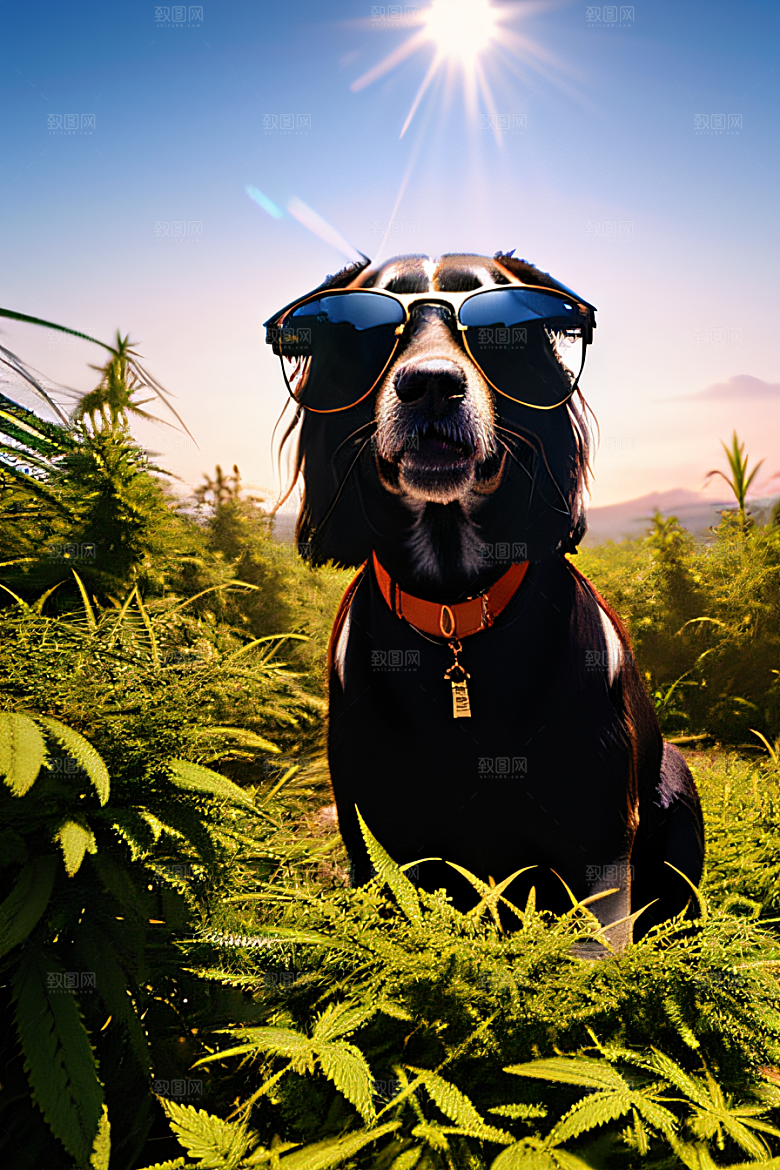 狗狗深情草堆中太阳镜护眼细节呈现