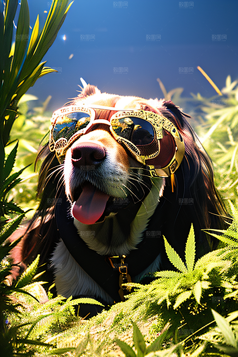 狗狗深情草堆中太阳镜护眼细节呈现